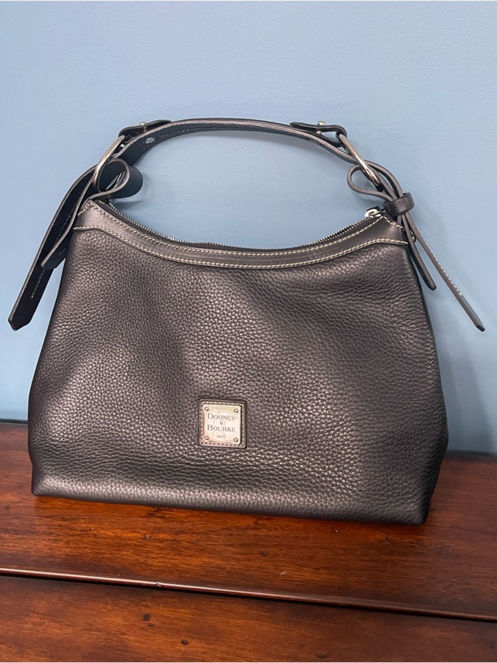 Dooney & Bourke Black Pebbled Leather Shoulder Bag with Logo Plaque